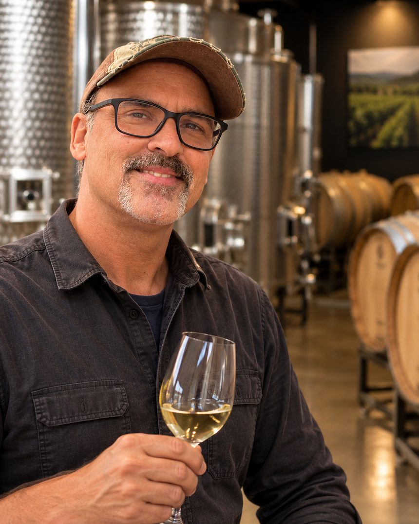 Retrato de Alexandre Estolano em uma vinícola, segurando uma taça de vinho branco